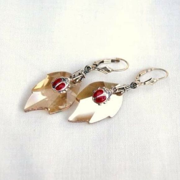 Angel Heart Treasures Jewelry - Handmade Swarovski Crystal Leaves & Sterling Silver Enameled Ladybug Earrings